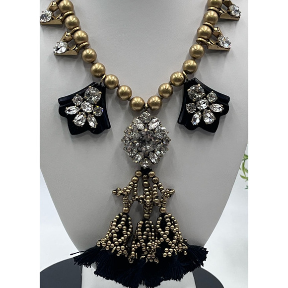 J. Crew Brushed Gold Tone Black Tassel Rhinestone Long Necklace - Picture 1 of 15